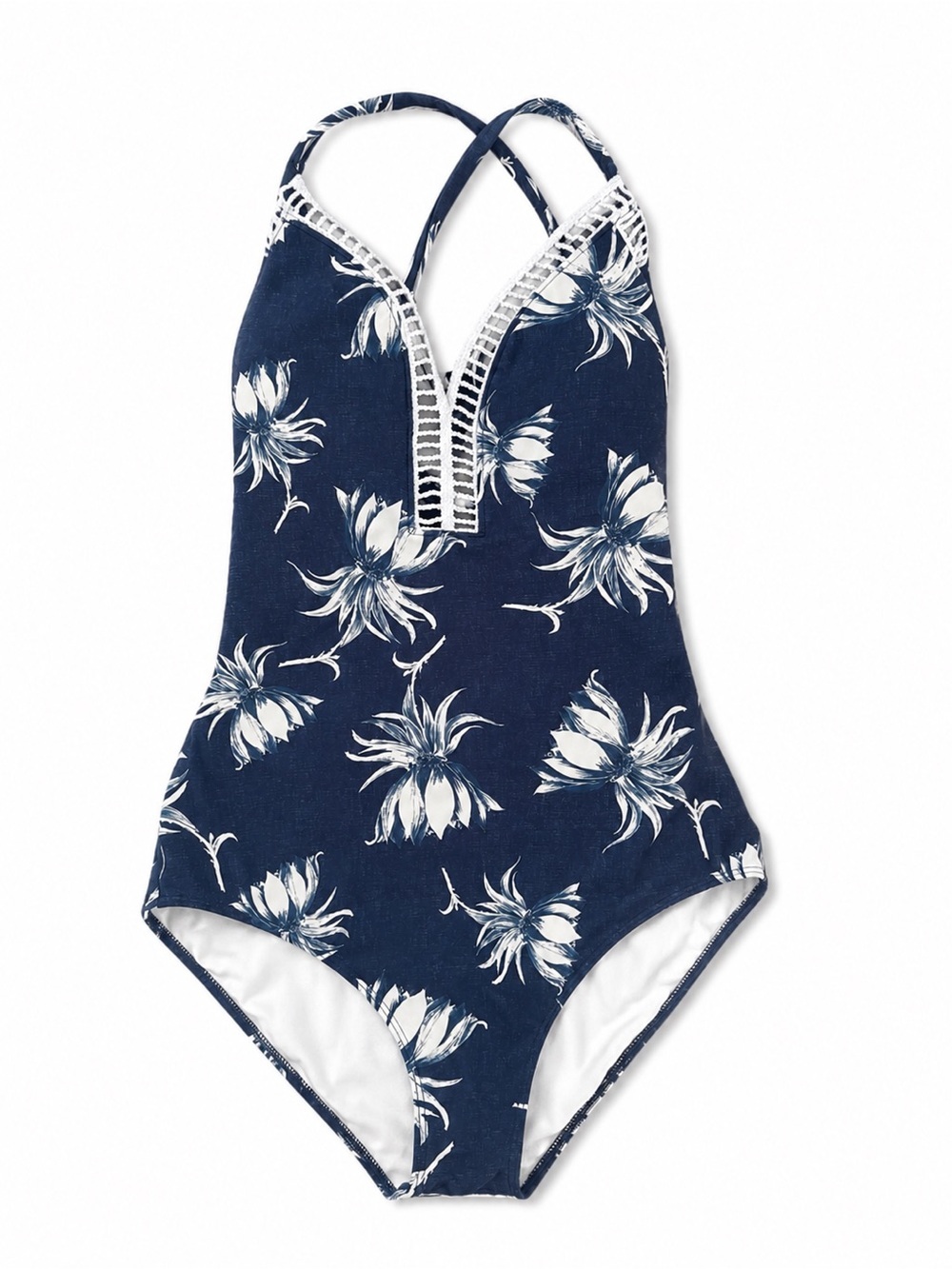 Roxy Hippy Hour Floral One Piece Swimsuit Large Ladder Trim Blue Modest tropical - Picture 2 of 8
